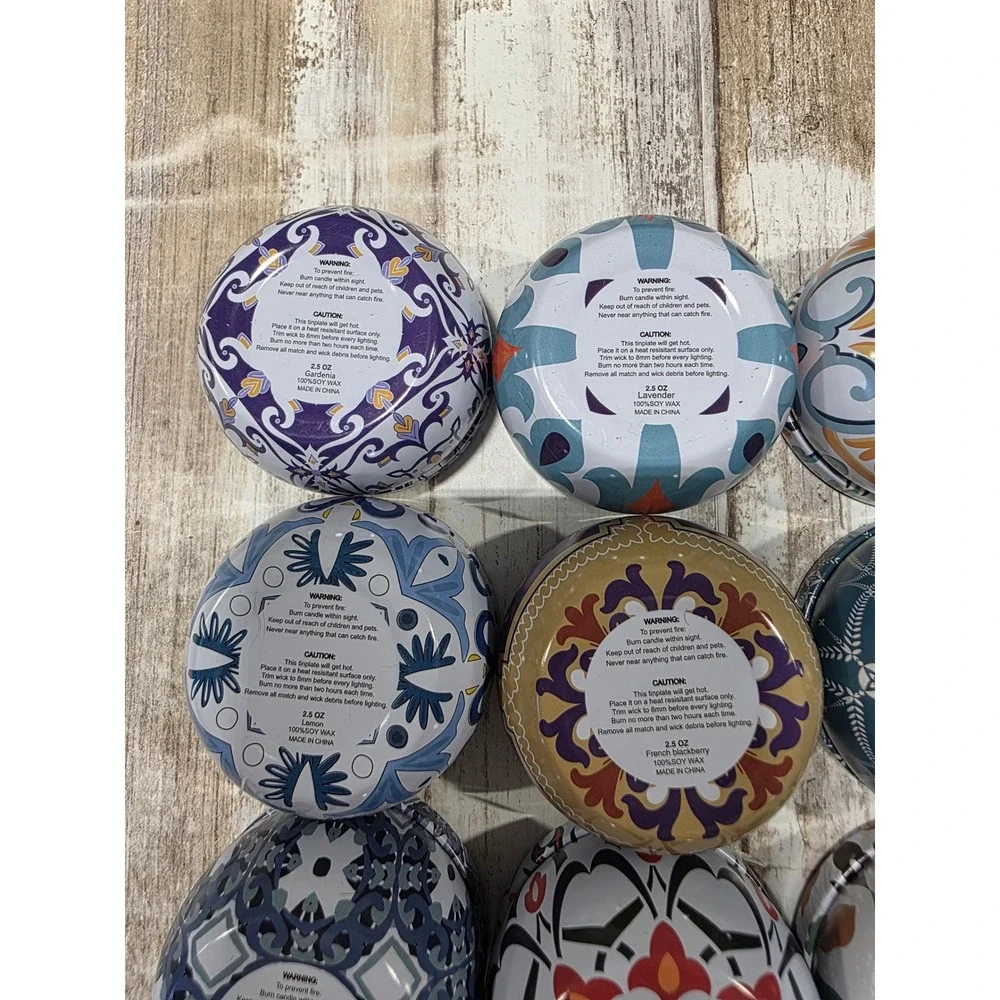 12 Pack Scented Soy Wax Candles in Decorative Boho Tins 2.5oz Each Gift‎ Set